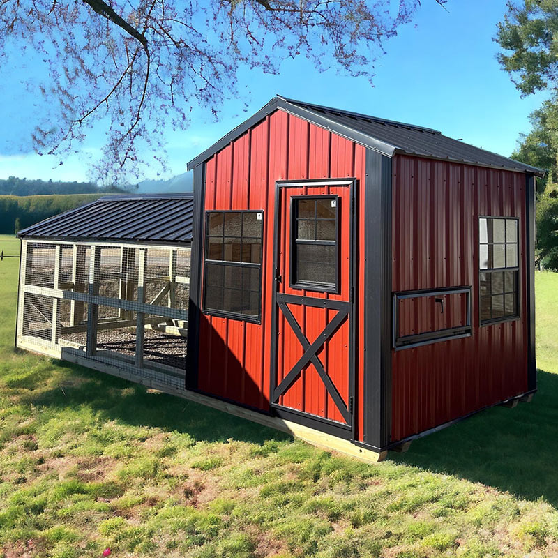 Driftless Outdoors 8’ x 20’ Country Vibe Coop with Run red front door