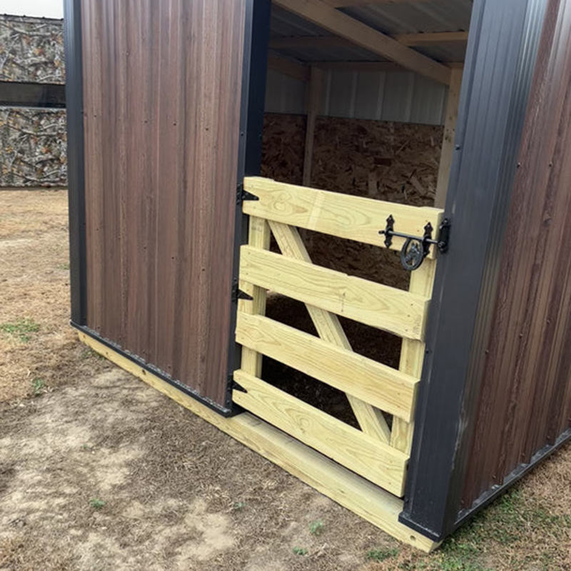 Driftless Outdoors 6’ x 8’ Shelter with Gate brown and black with zoomed in gate