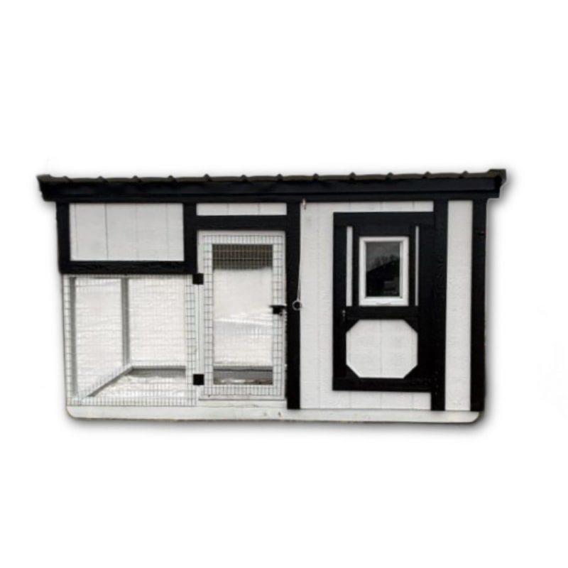 Driftless Outdoors LP Homestead 4' x 9' Chicken Coop front view white coop with black trim