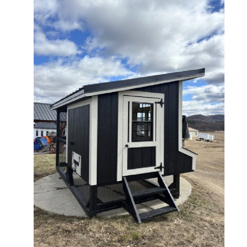 Prairie Lane Elevated Chicken Coop with Run | Driftless Outdoors back view with floor level sweep out door