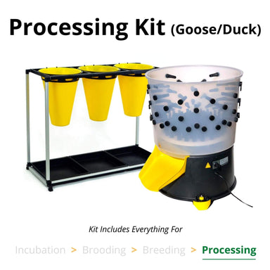Duck and goose processing kit with three-cone poultry processing unit and feather plucker.