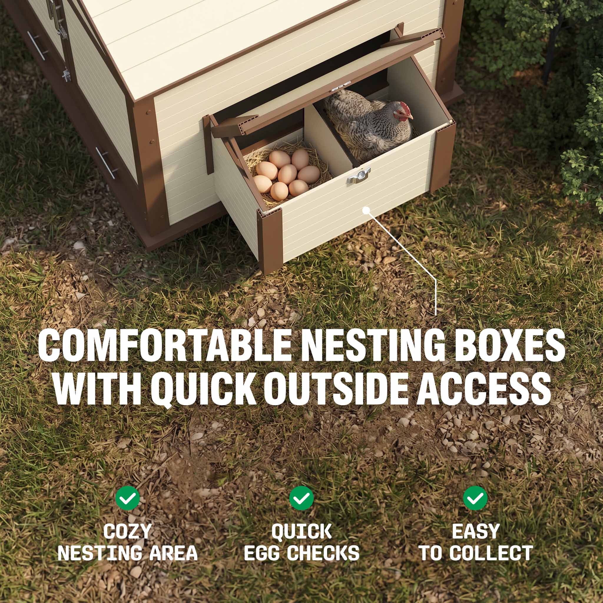 EcoFlex composite chicken coop designed to resist rot, mold, cracking, and moisture damage.