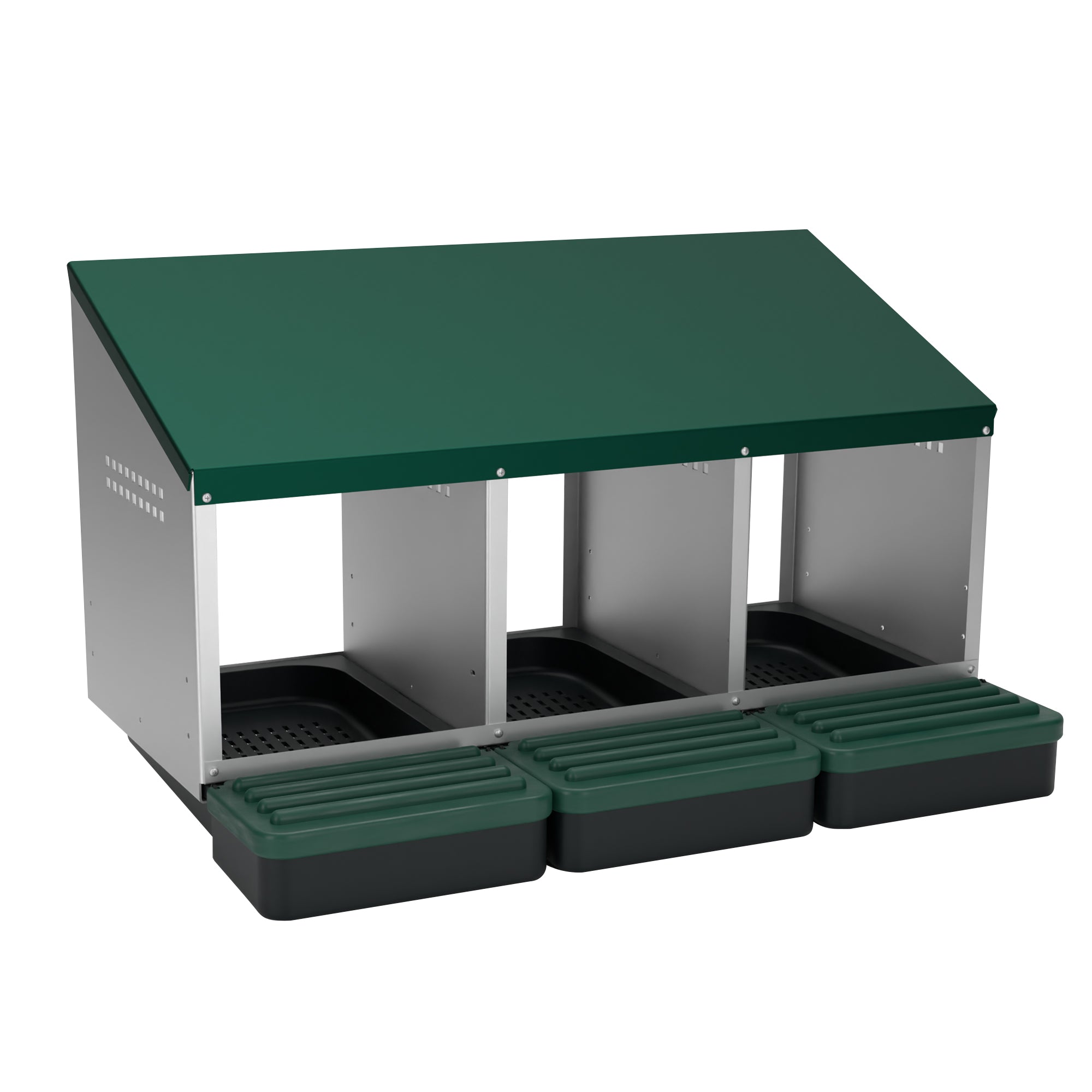 EggHouse 3-bay galvanized chicken nesting box with three roll-out egg collection trays.
