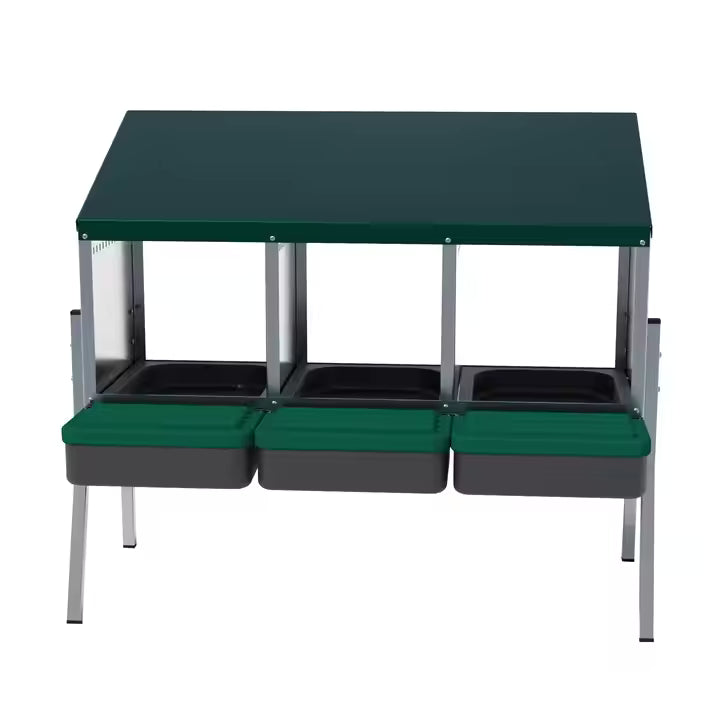 EggHouse triple-bay metal chicken nesting box for laying hens, with ventilated plastic trays.