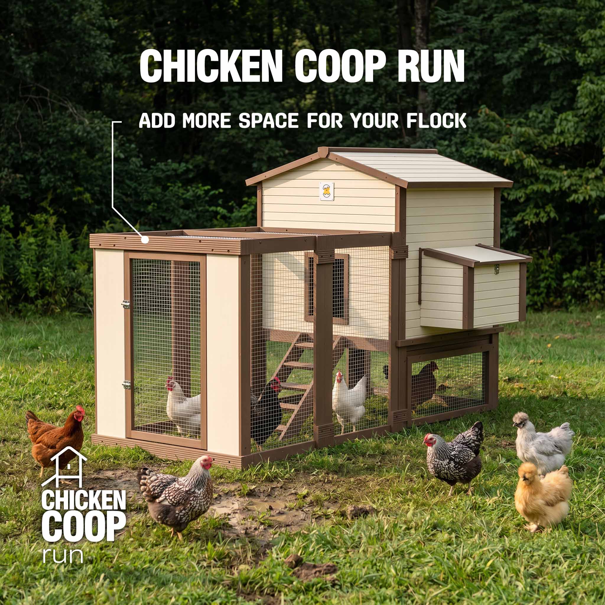 FlockRight EcoFlex chicken coop house with four nesting compartments and exterior egg collection access.