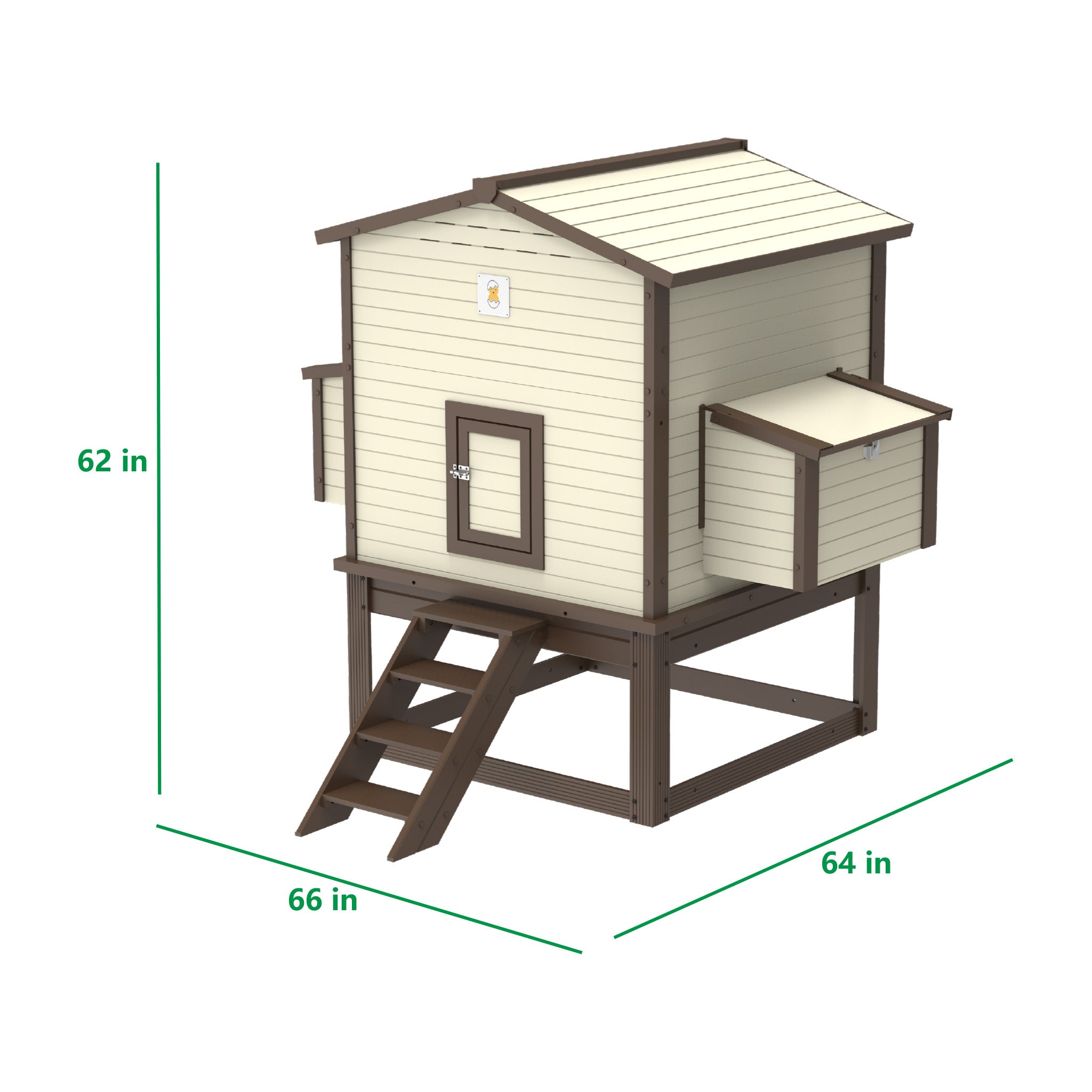 FlockRight backyard chicken house featuring EcoFlex composite construction, exterior egg access, and removable cleaning trays.