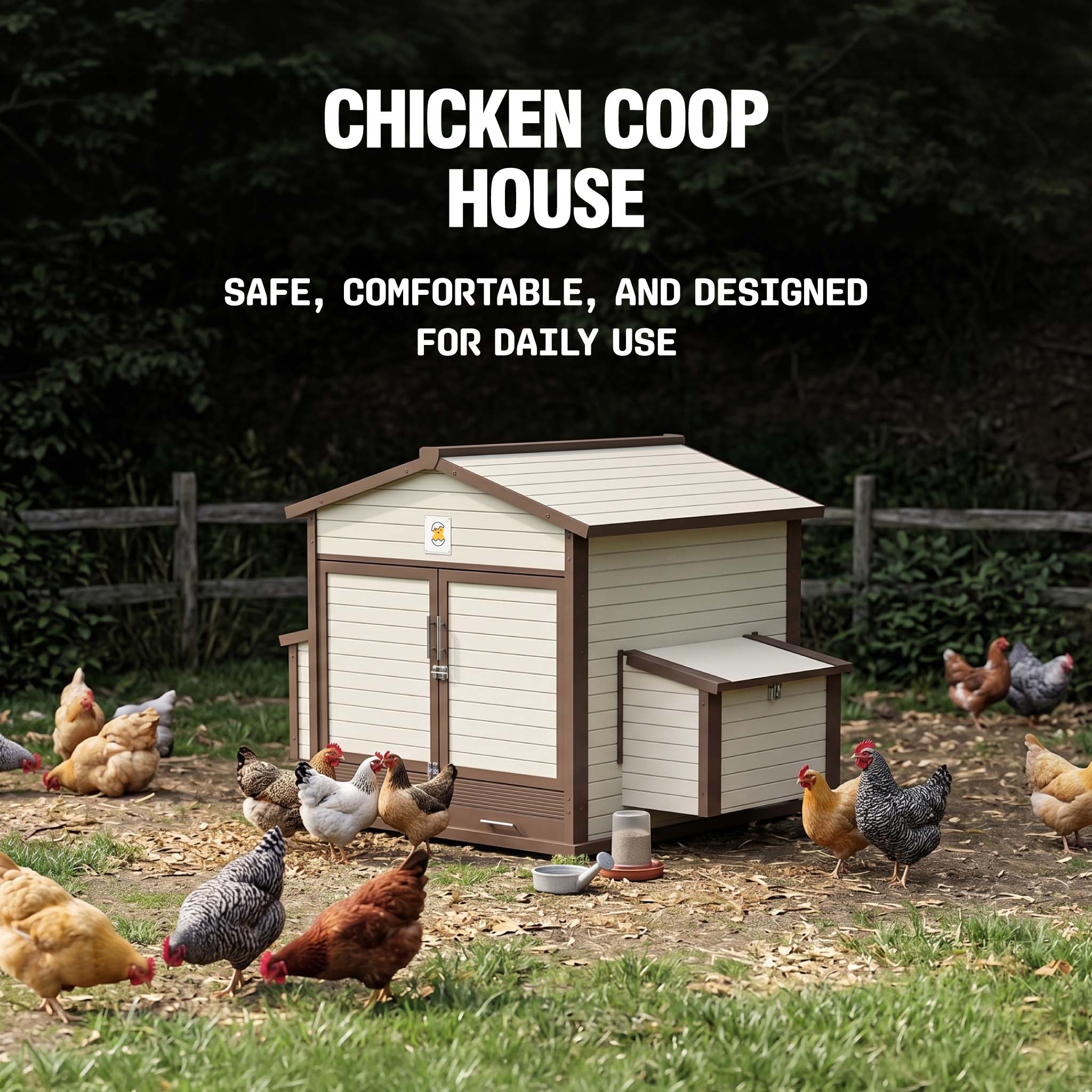 FlockRight chicken coop with four nesting compartments and exterior egg collection access.