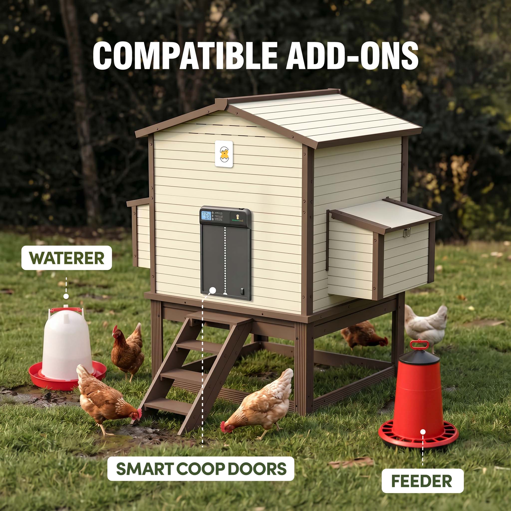 FlockRight chicken house with removable slide-out trays for easier coop cleaning and bedding removal.