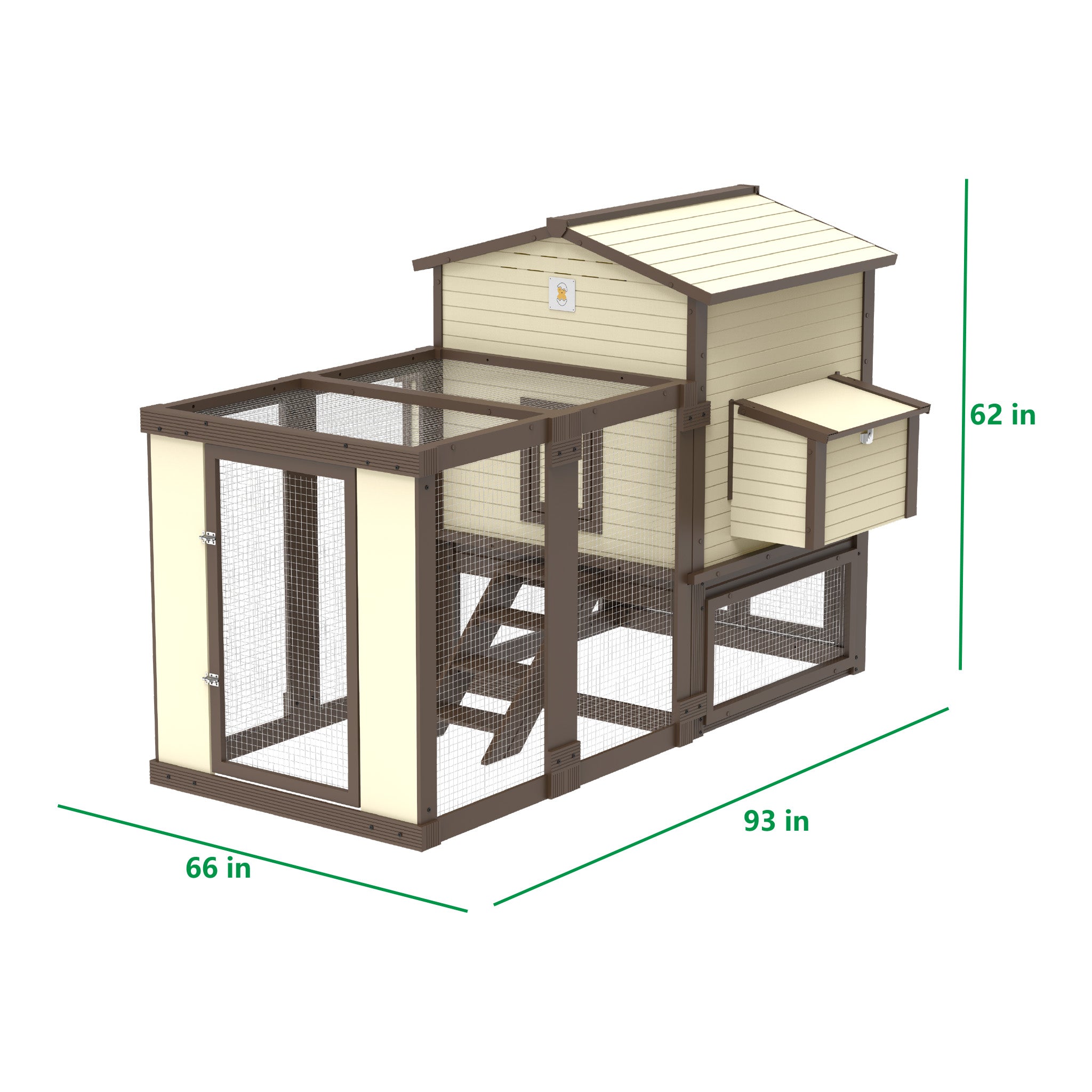 FlockRight complete backyard chicken coop system with elevated housing, non-slip stairs, and attached outdoor chicken run.