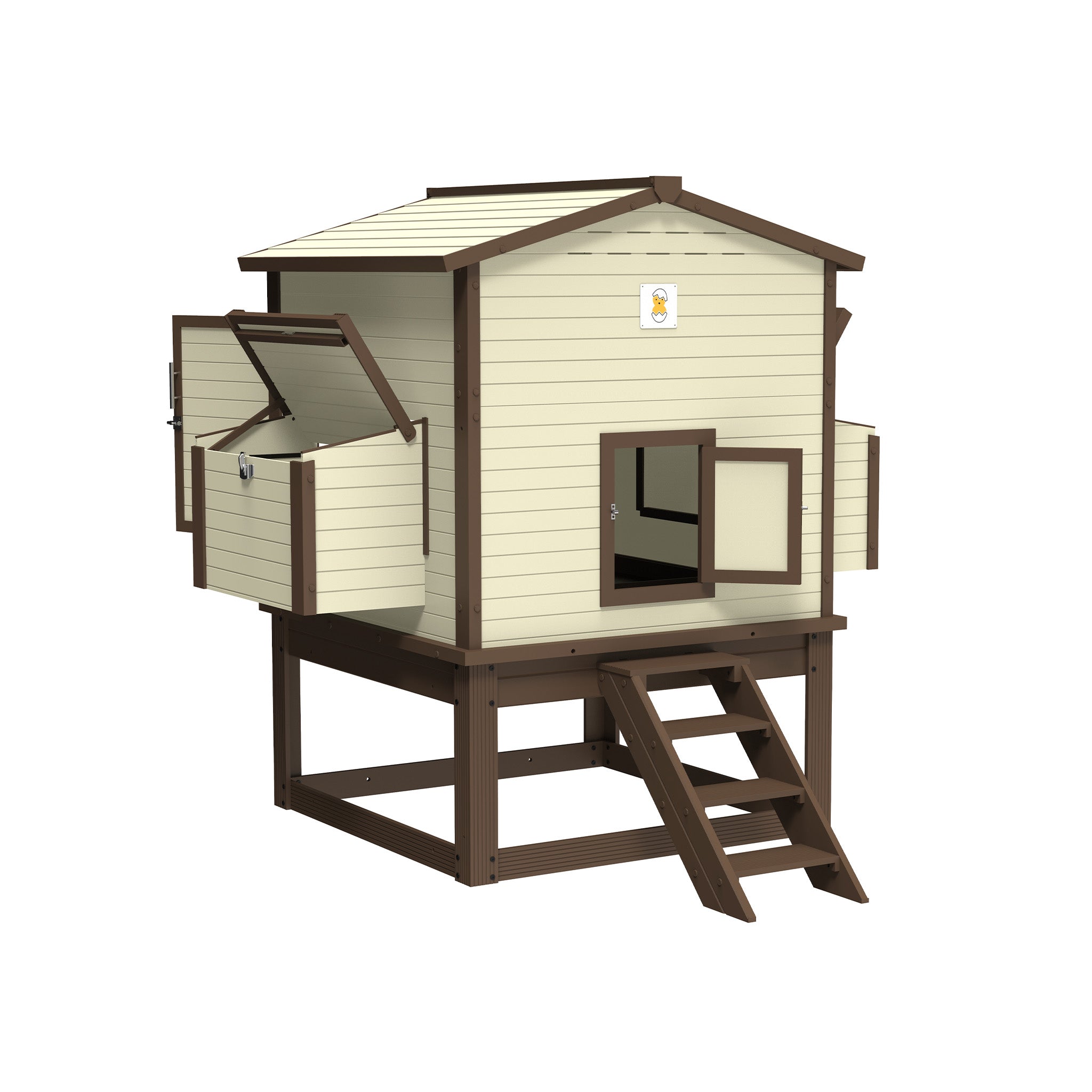 FlockRight elevated chicken coop house with reinforced stand and non-slip access stairs by Hatching Time.