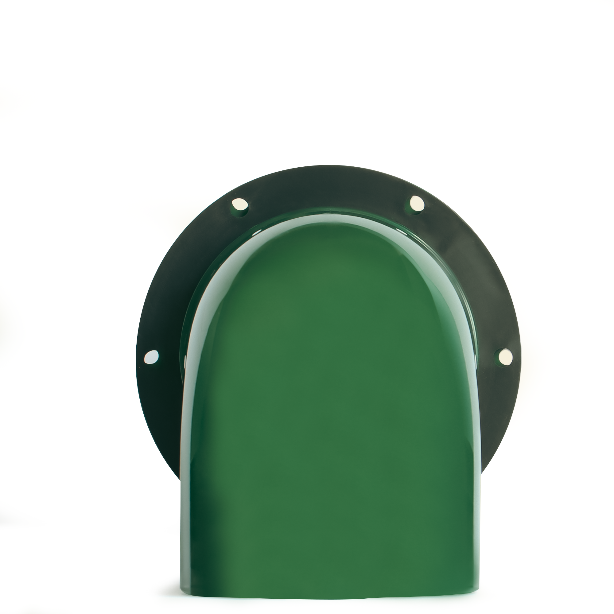 Front-facing view of a green chicken feeder port opening
