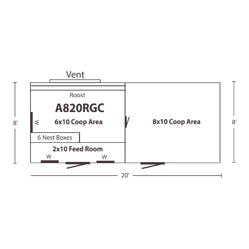 Gable Roof Coop with Feed Room A820RGC | Hen House Collection dimensions and layout