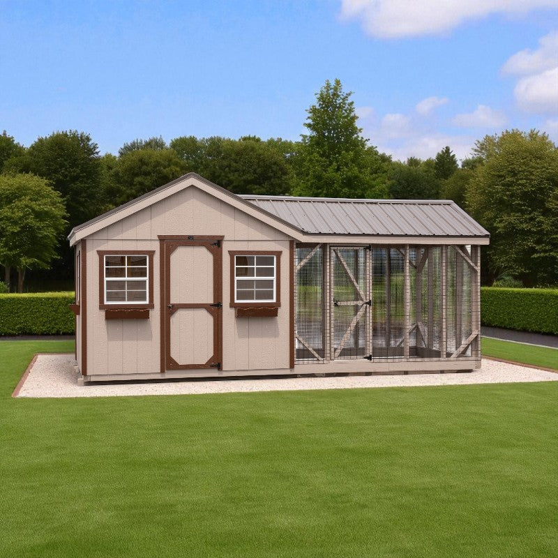 Gable Roof Coop with Feed Room A820RGC | Hen House Collection man door and front of run with metal roof option