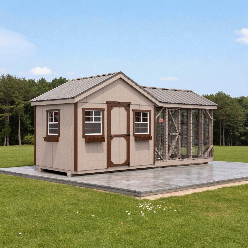 Gable Roof Coop with Feed Room A820RGC | Hen House Collection front with covered run and flower boxes
