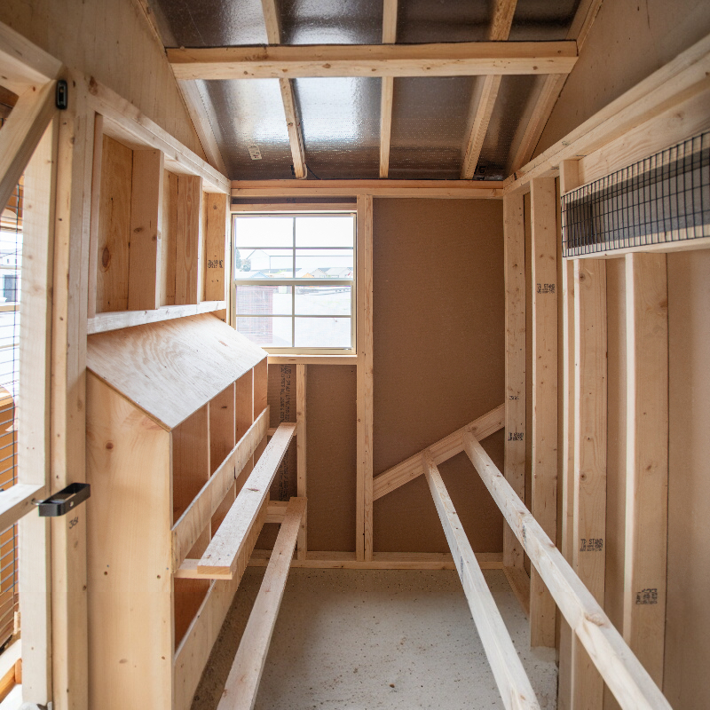 Gable Roof Coop with Feed Room A820RGC | Hen House Collection two roost bars and nest boxes