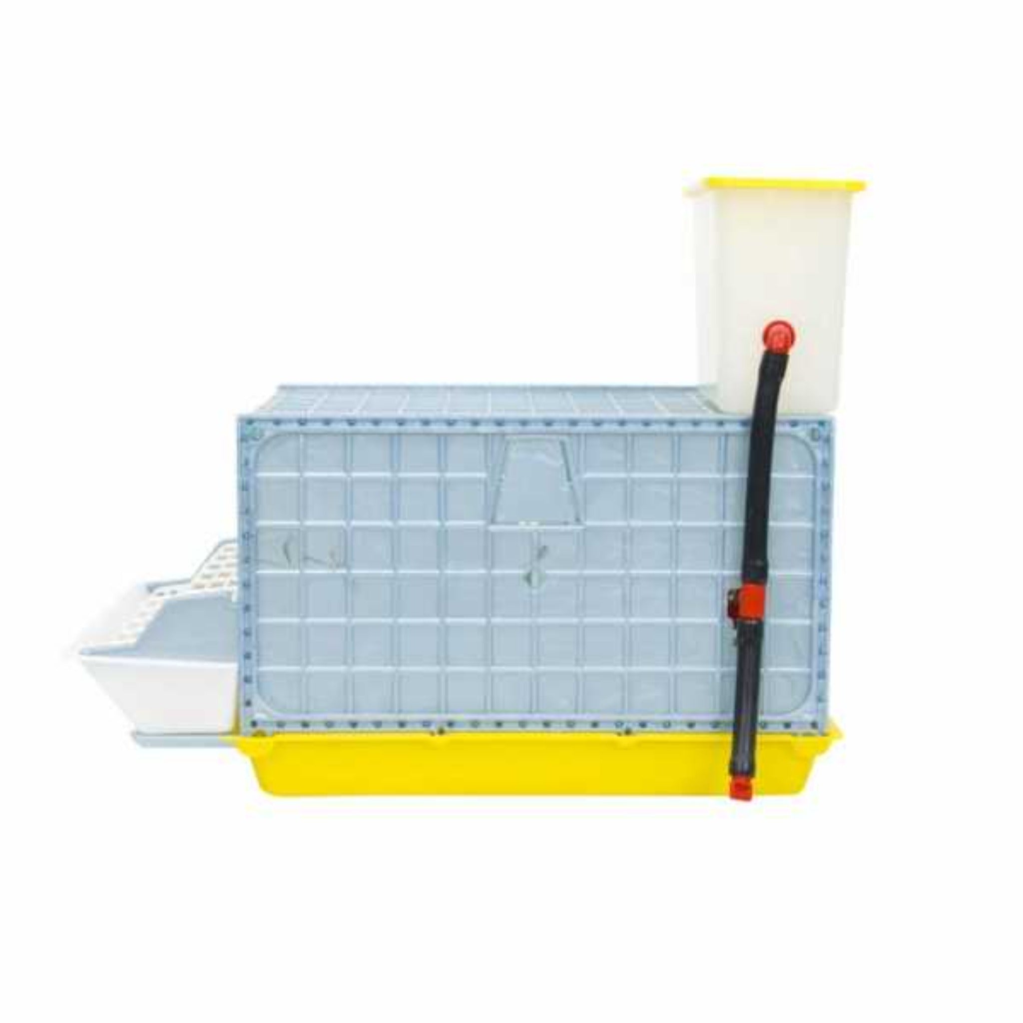 Game bird grow-out pen with removable feeder, red feed grill cover, and deep manure tray.