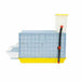 Game bird grow-out pen with removable feeder, red feed grill cover, and deep manure tray.