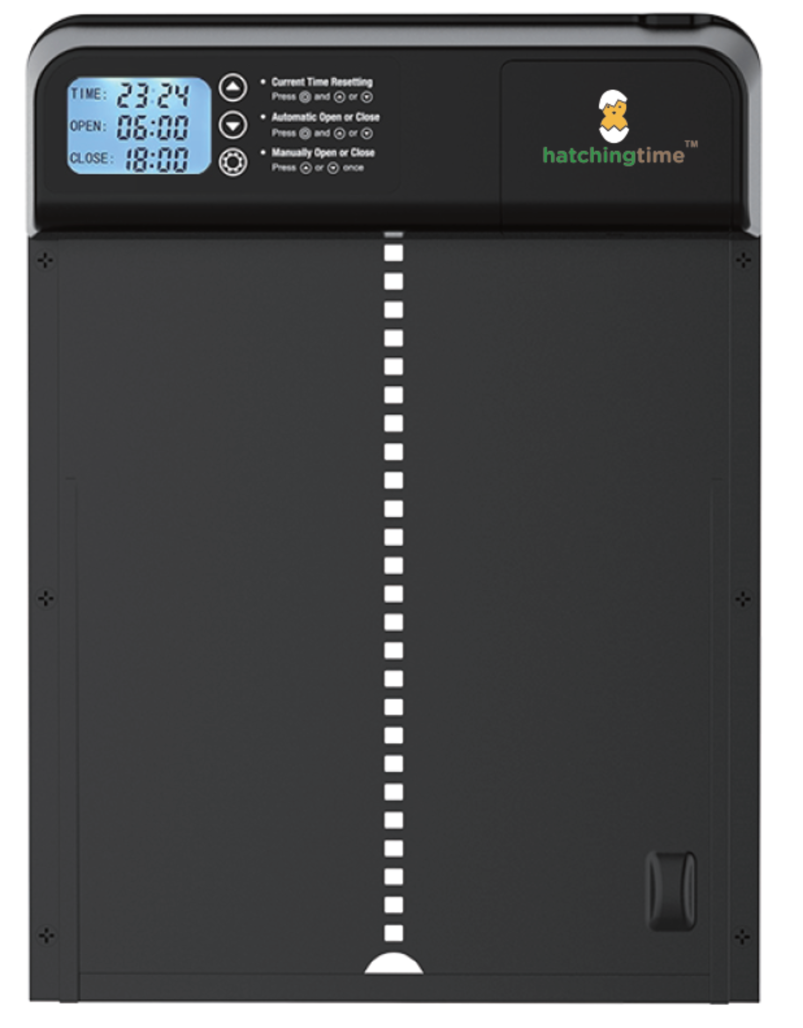 Hatching Time intelligent automatic chicken coop door with programmable timer.