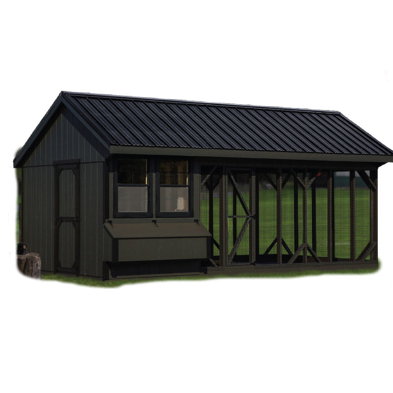 Hen House Collection Quaker Chicken Coop & Large Run Q1020C front in black