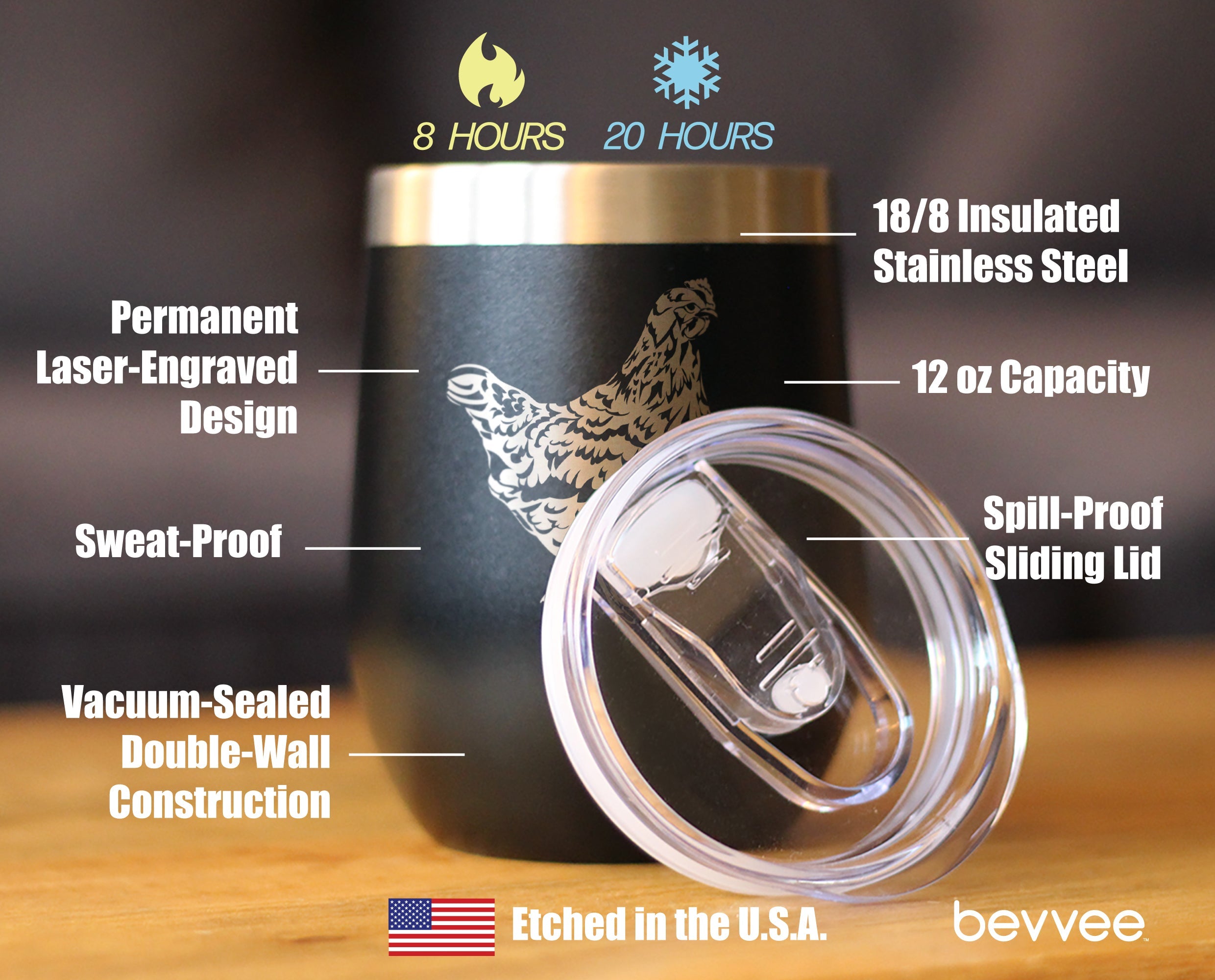 Hen - Wine Tumbler Glass with Sliding Lid - Stainless Steel Insulated Mug - Chicken Gifts for Women and Men
