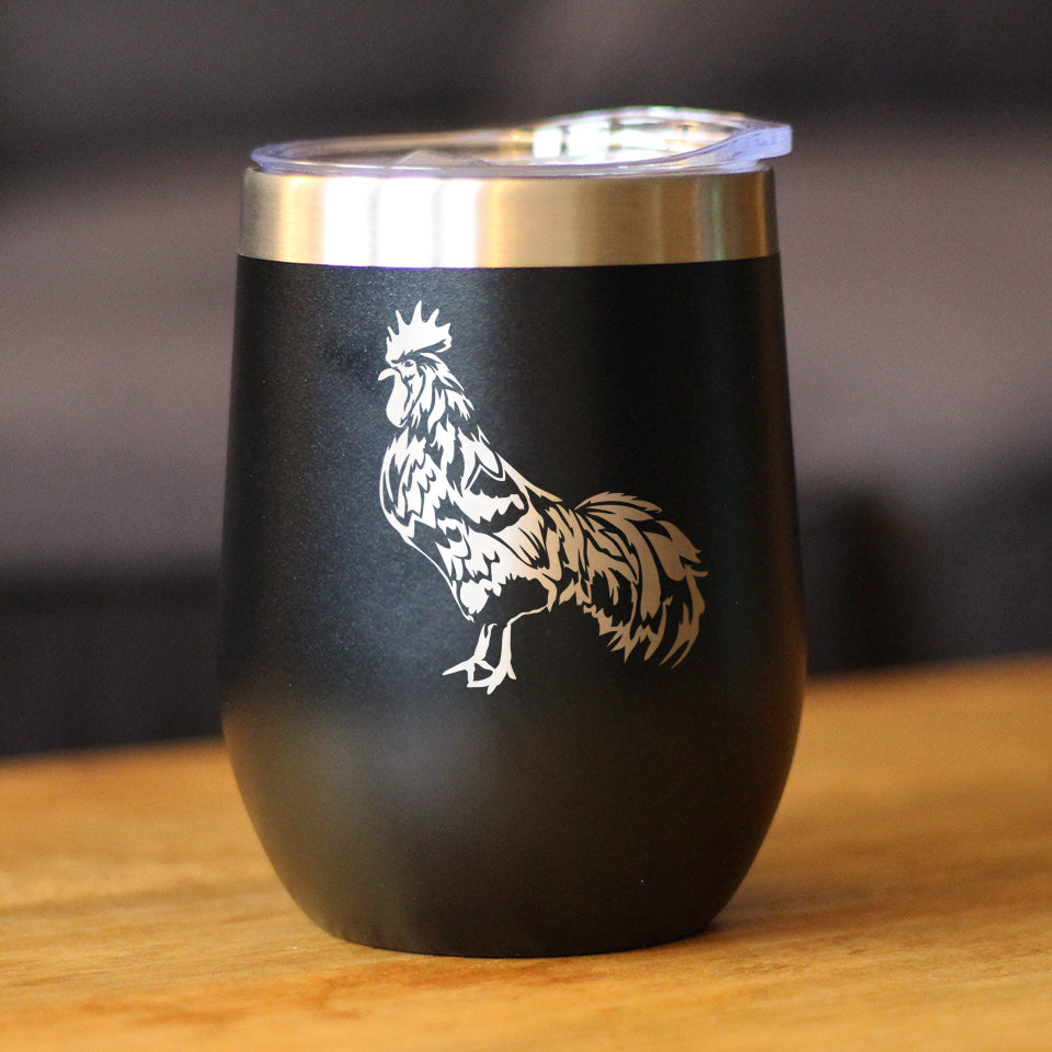 Rooster - Wine Tumbler Glass with Sliding Lid - Stainless Steel Insulated Mug - Chicken Gifts and Farm Decor for Women and Men