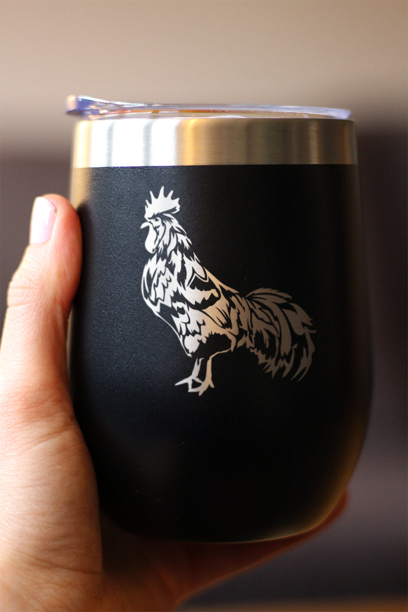 Rooster - Wine Tumbler Glass with Sliding Lid - Stainless Steel Insulated Mug - Chicken Gifts and Farm Decor for Women and Men