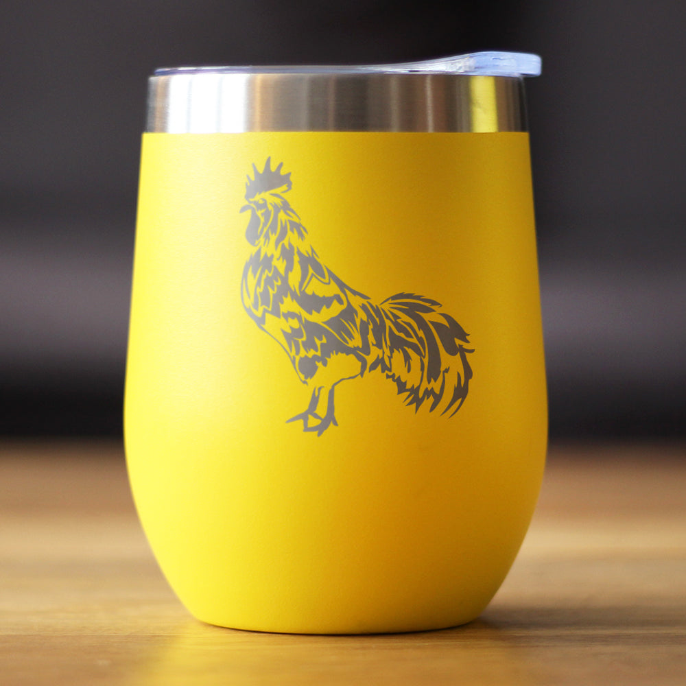 Rooster - Wine Tumbler Glass with Sliding Lid - Stainless Steel Insulated Mug - Chicken Gifts and Farm Decor for Women and Men