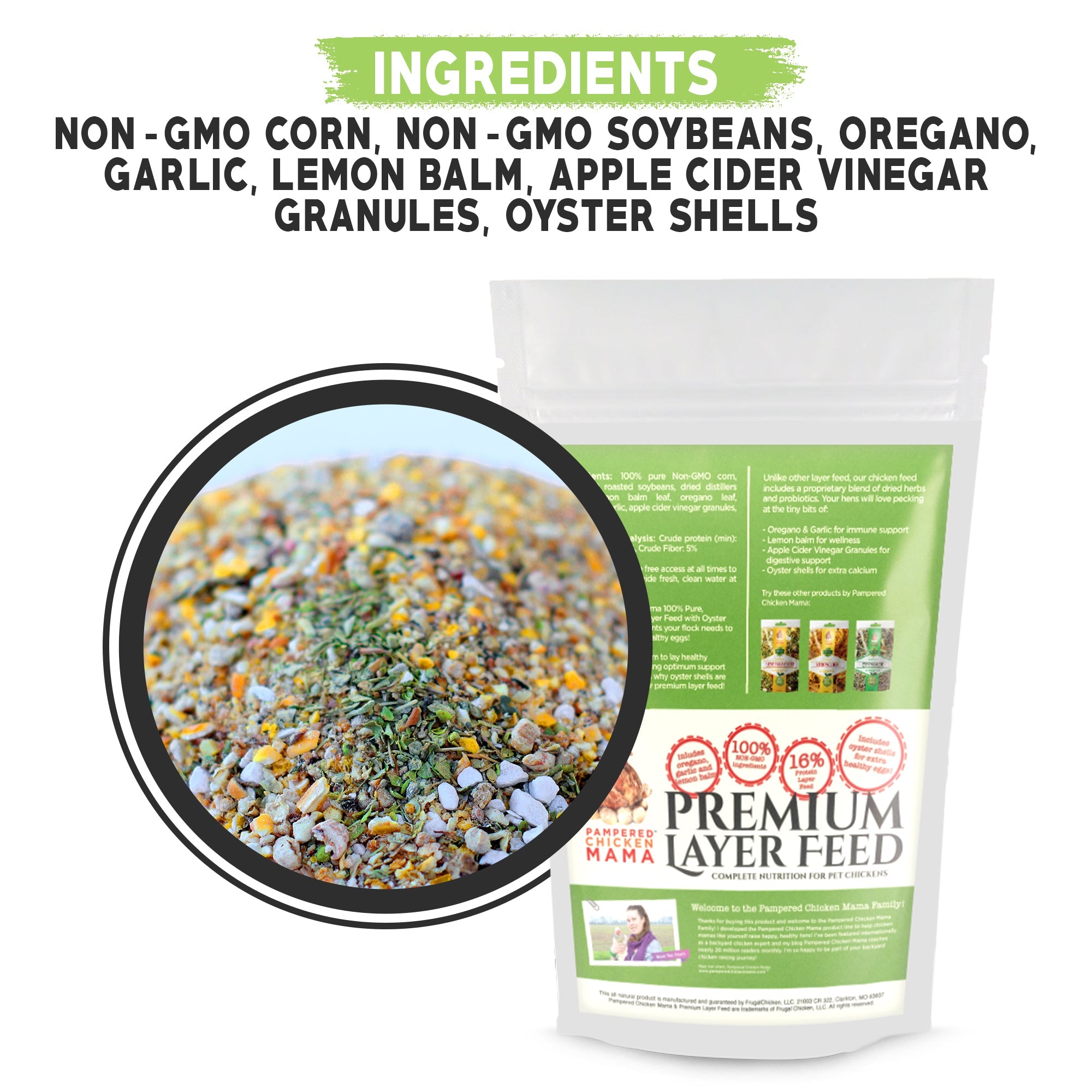 Pampered Chicken Mama Non-GMO Herbal Layer Feed With Oregano & Garlic - [Oyster Shells Pre-mixed in]