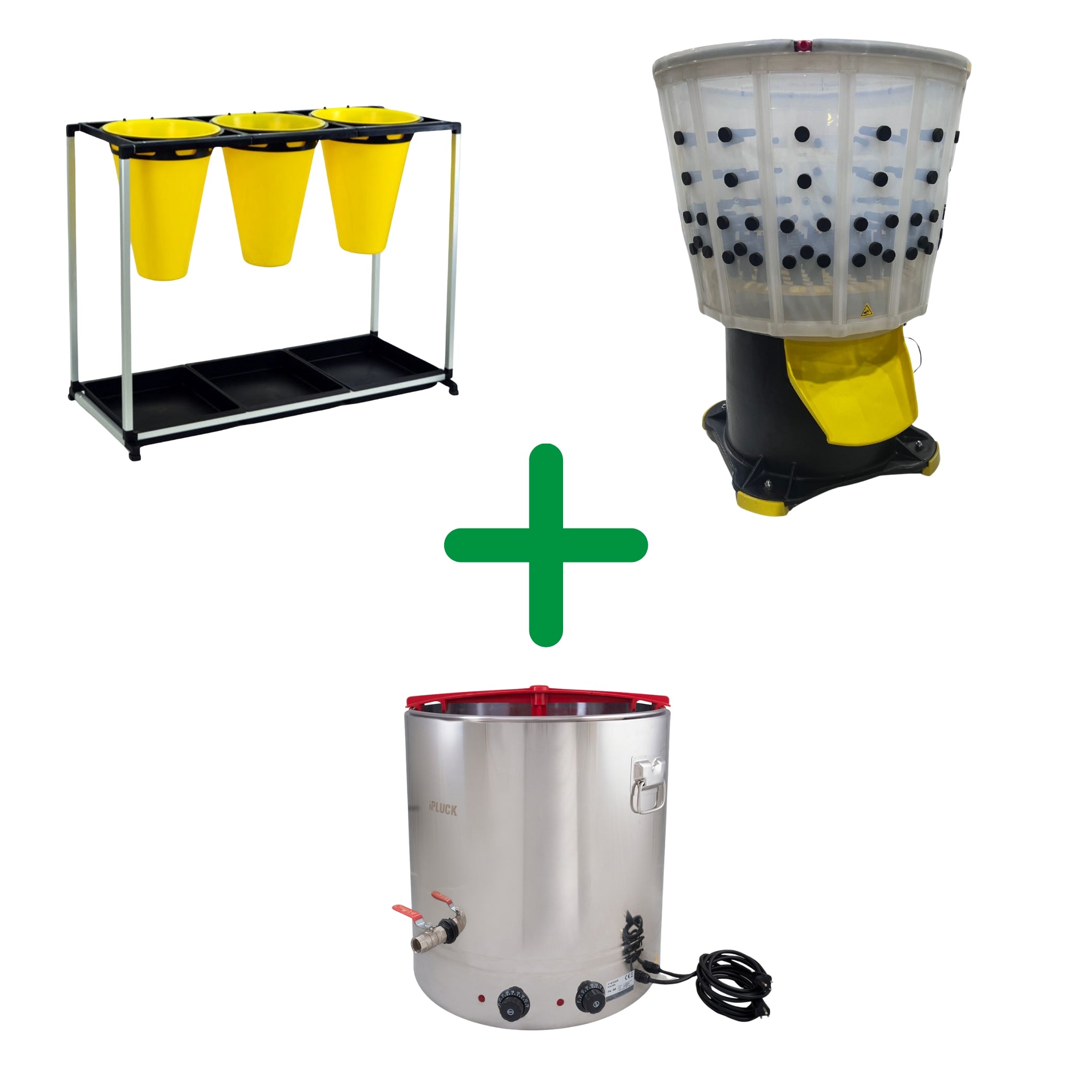 Large turkey processing kit with three-cone turkey processing unit, extra-large feather plucker, and 26-gallon stainless steel scalder.