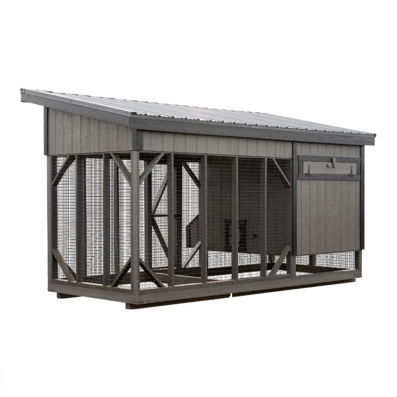 Lean To Coop with Covered Run L716C | Hen House Collection back of dark gray coop black trim