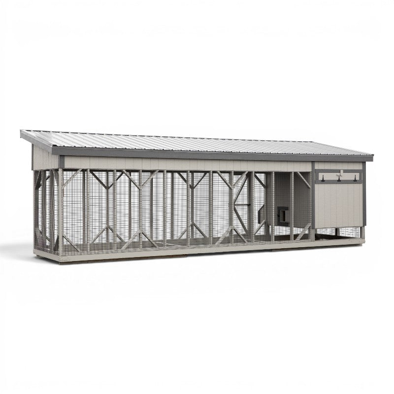 Lean To Coop with Extra Large Run L728C | Hen House Collection back of light gray coop dark gray trim