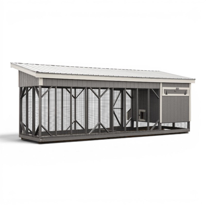 Lean To Coop with Large Covered Run L724C | Hen House Collection back of dark gray coop light gray trim