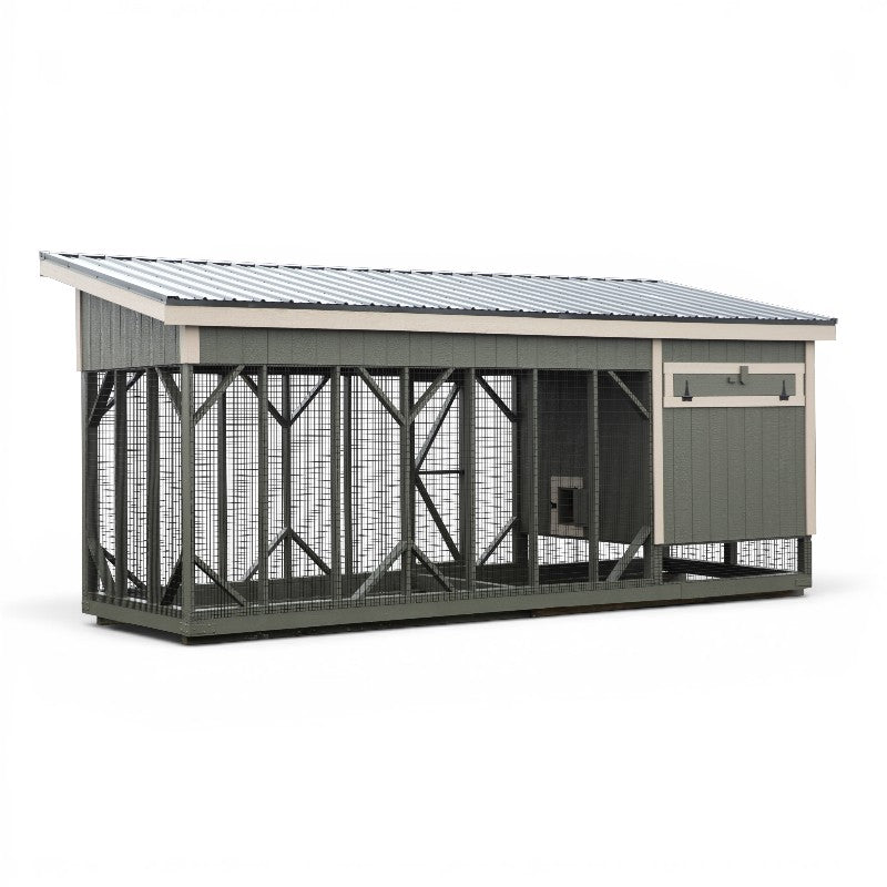 Lean To Coop with Large Run L720C | Hen House Collection back of roycraft bronze coop taupe tone trim