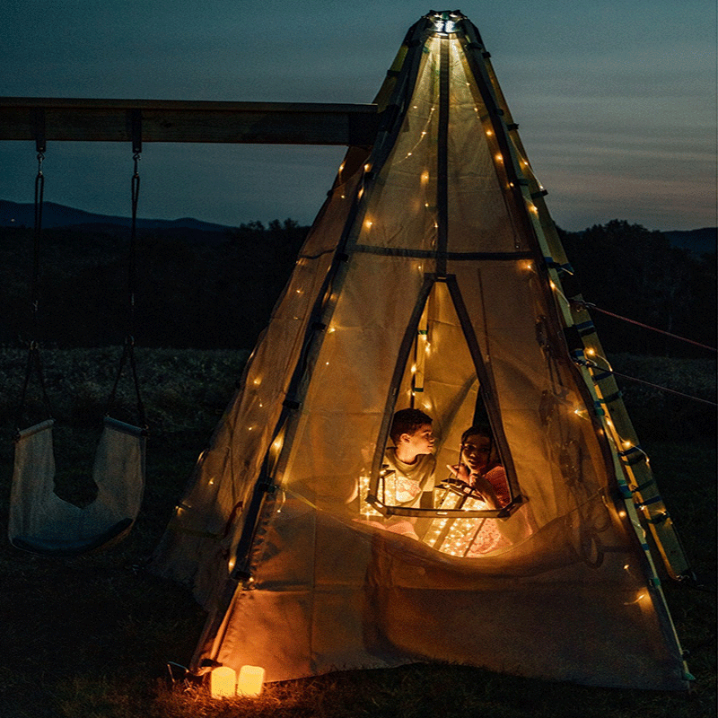 Bijou Build Mainstay and Sway - Play System & 2 Swings inside the mainstay with twinkle lights