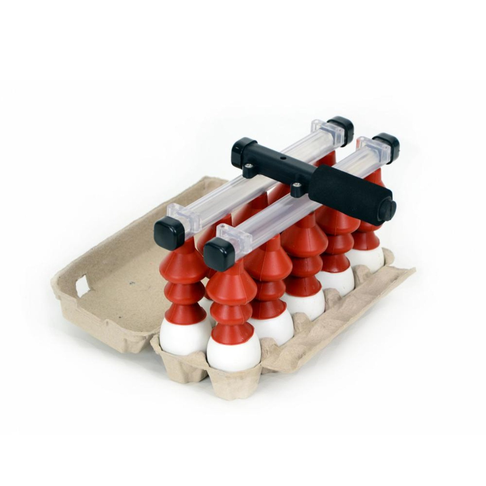 Manual egg transfer tool with individual egg cups and vacuum suction