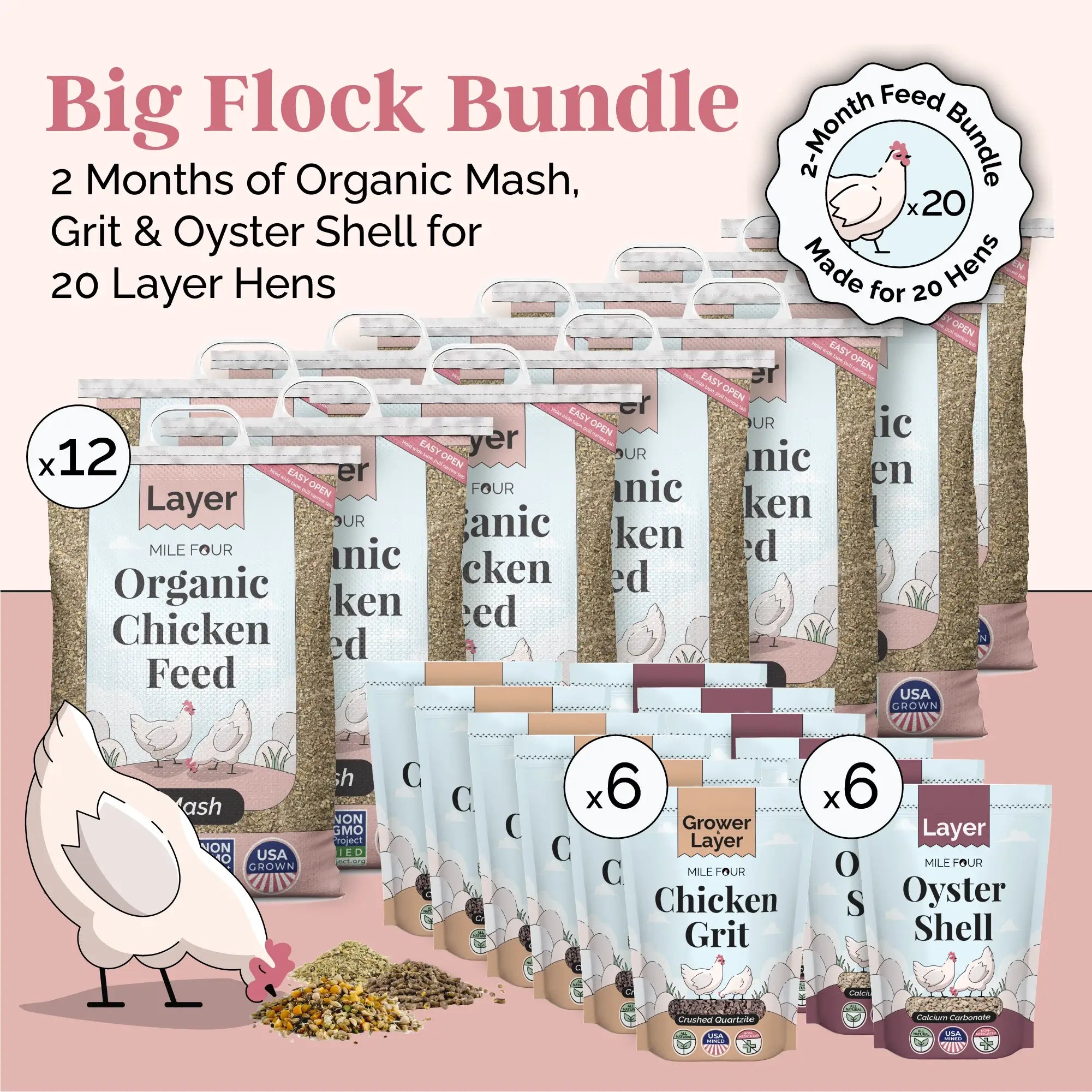 Big Flock Bundle | 2 Months of Organic Feed, Grit & Oyster Shell for 20 Layer Hens - Mile Four