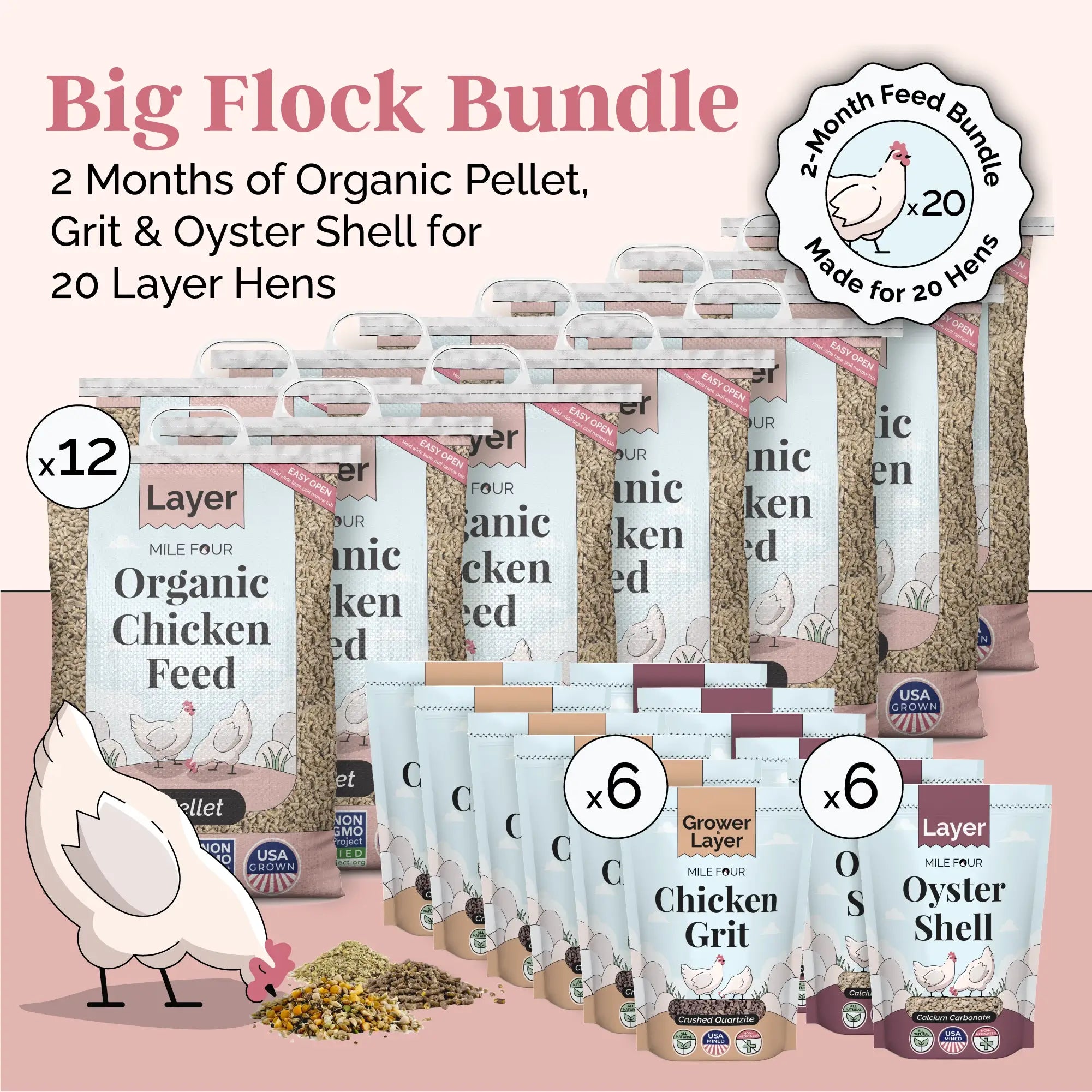 Big Flock Bundle | 2 Months of Organic Feed, Grit & Oyster Shell for 20 Layer Hens - Mile Four