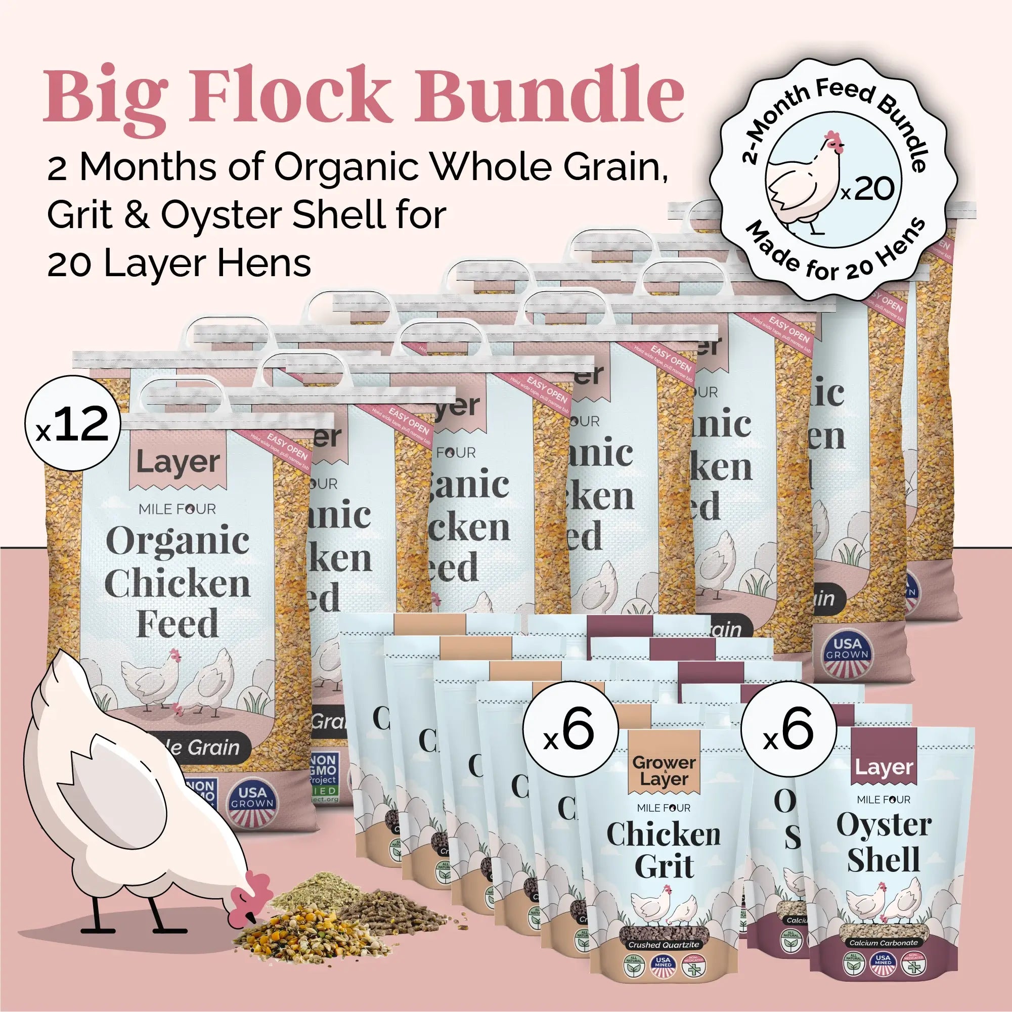 Big Flock Bundle | 2 Months of Organic Feed, Grit & Oyster Shell for 20 Layer Hens - Mile Four