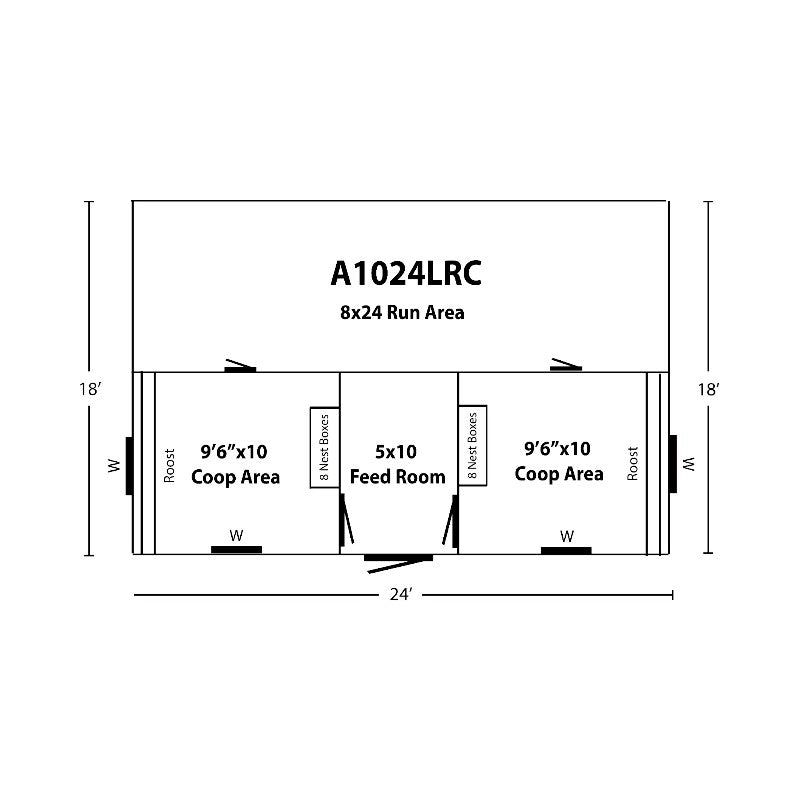 Multibreed Chicken Coop w/ Back Run A1024LRC | Hen House Collection layout and dimensions