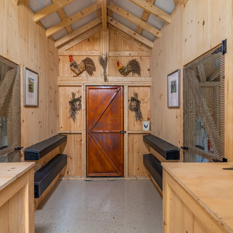 Multibreed Coop with Central Feed Room A1250CRGD | Hen House Collection inside view of storage room
