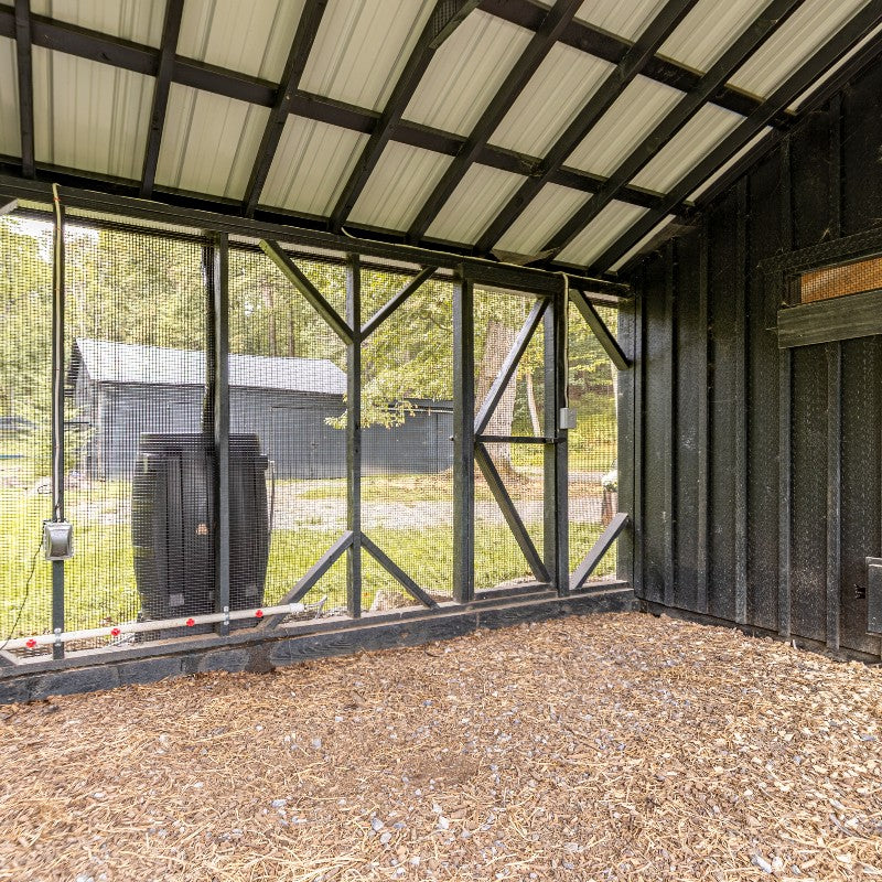 Multibreed Coop with Central Feed Room A1250CRGD | Hen House Collection inside run area
