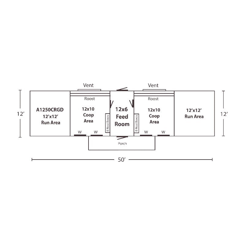Multibreed Coop with Central Feed Room A1250CRGD | Hen House Collection dimensions and layout