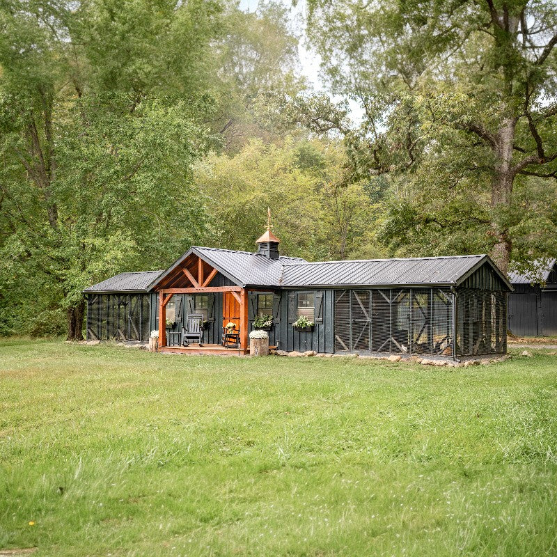 Multibreed Coop with Central Feed Room A1250CRGD | Hen House Collection view of reverse gable roof and porch