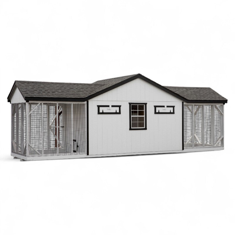 Multibreed Gable with Feed Room A828CRGD | Hen House Collection back of coop with two runs