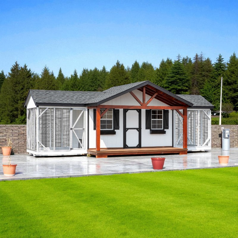 Multibreed Gable with Feed Room A828CRGD | Hen House Collection front of coop with planter boxes