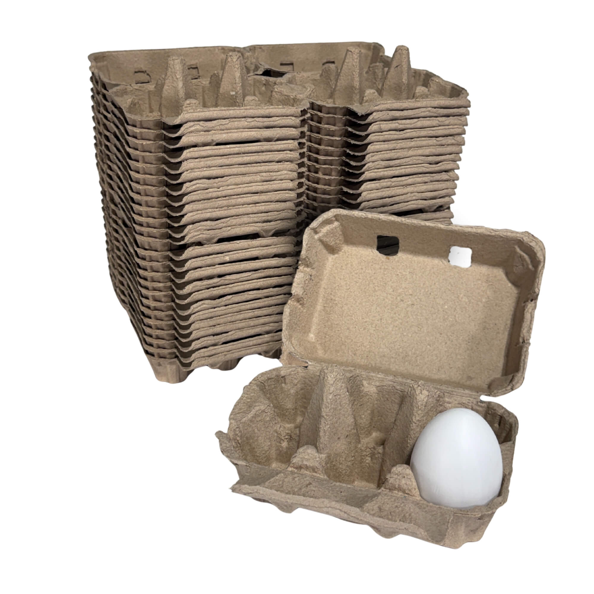 Natural egg cartons designed to hold six small to extra-large chicken eggs