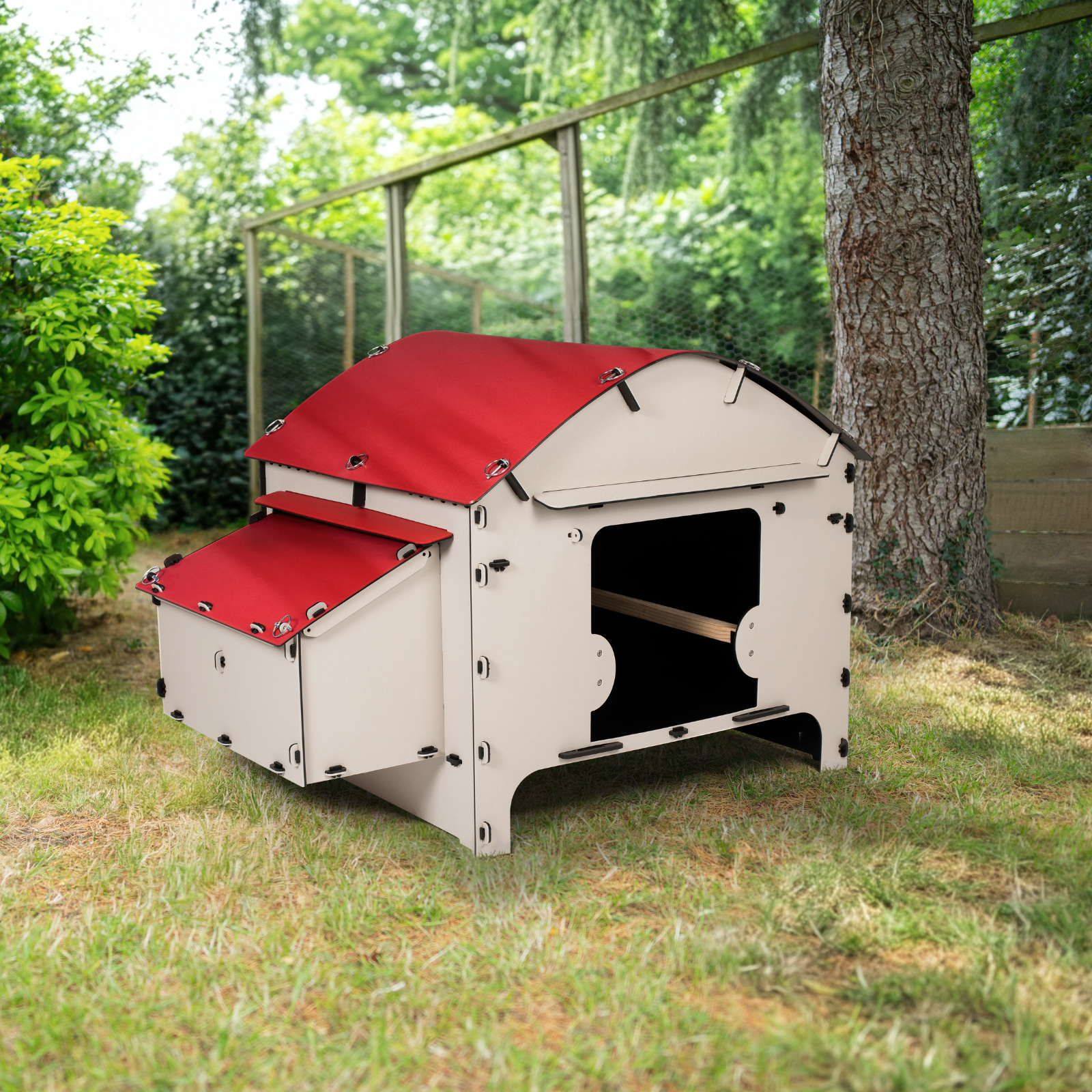 Nestera Atlas compact chicken coop in Cream and Red back open door