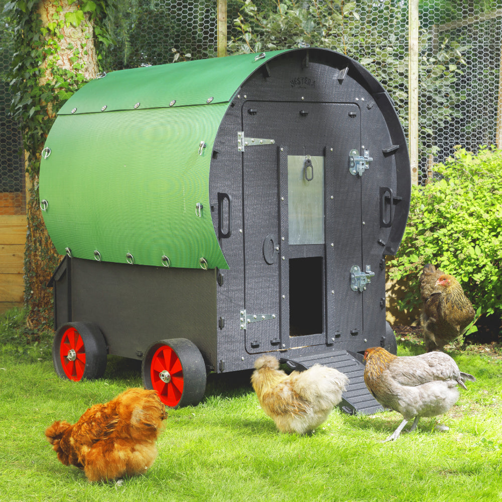 Nestera Wagon recycled plastic chicken coop with four wide wheels