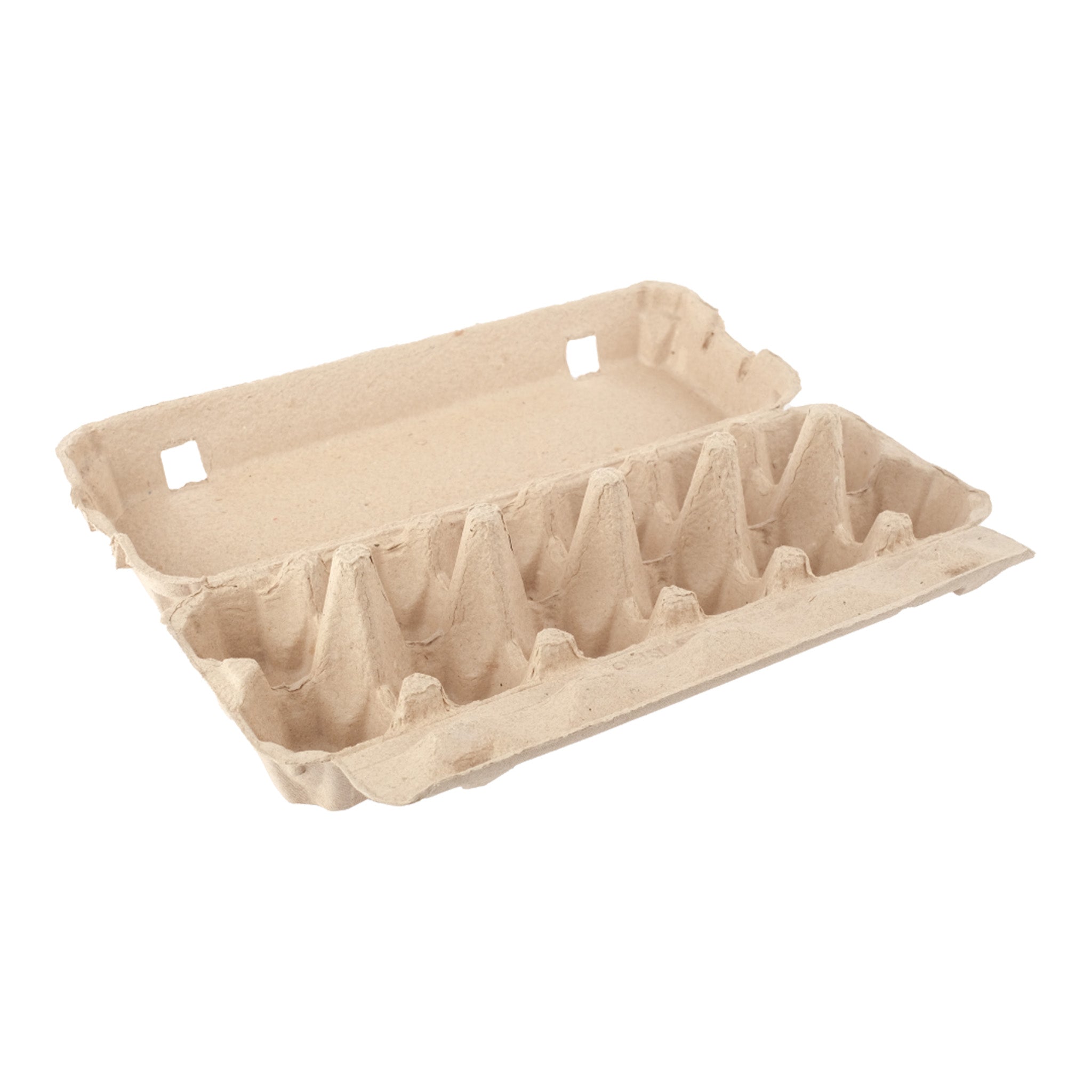 Open paper pulp egg carton designed to hold a dozen chicken eggs
