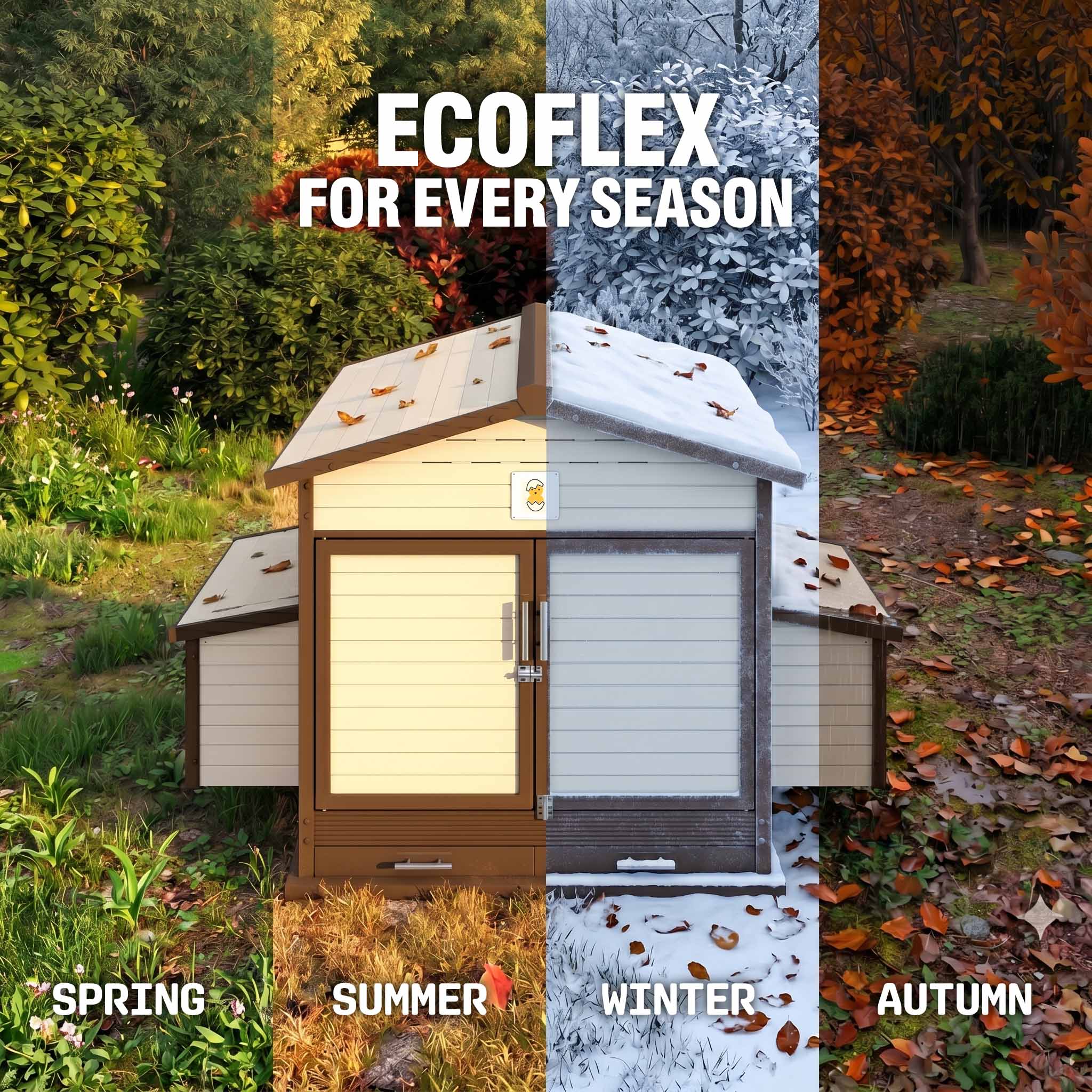 Outdoor chicken coop featuring EcoFlex composite construction and integrated metal mesh enclosure.